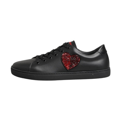 Dolce & Gabbana Black Leather Crystal Heart Low Top Sneakers  Shoes