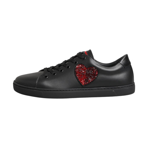 Black Leather Crystal Heart Low Top Sneakers  Shoes
