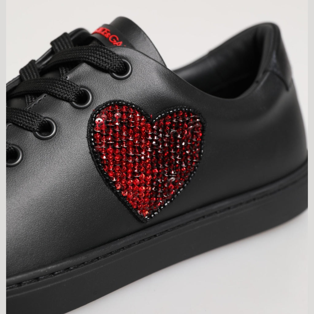 Black Leather Crystal Heart Low Top Sneakers  Shoes