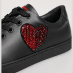 Black Leather Crystal Heart Low Top Sneakers  Shoes