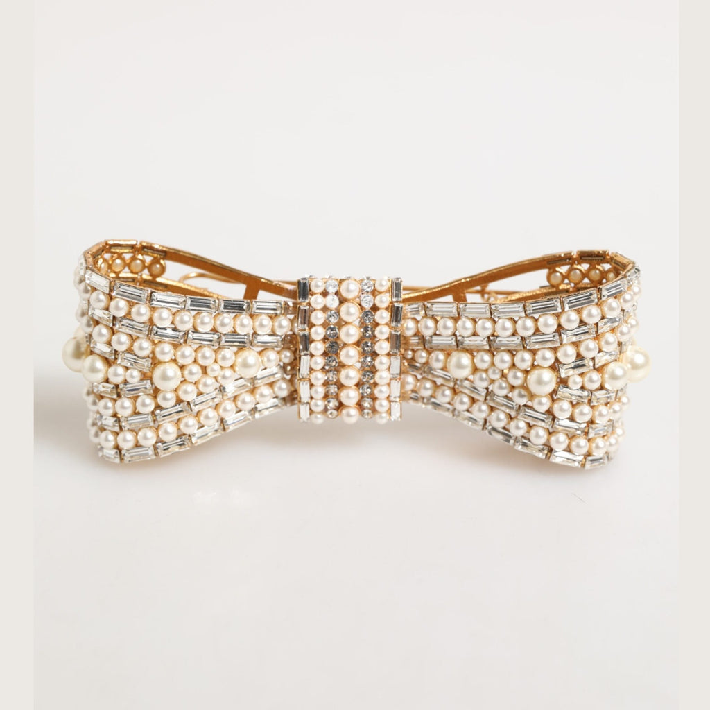 Gold Brass Glas Crystal Faux Pearl Embellished Brooch