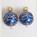 Gold Brass Blue Christmas Ball Crystal Drop Clip On Earrings
