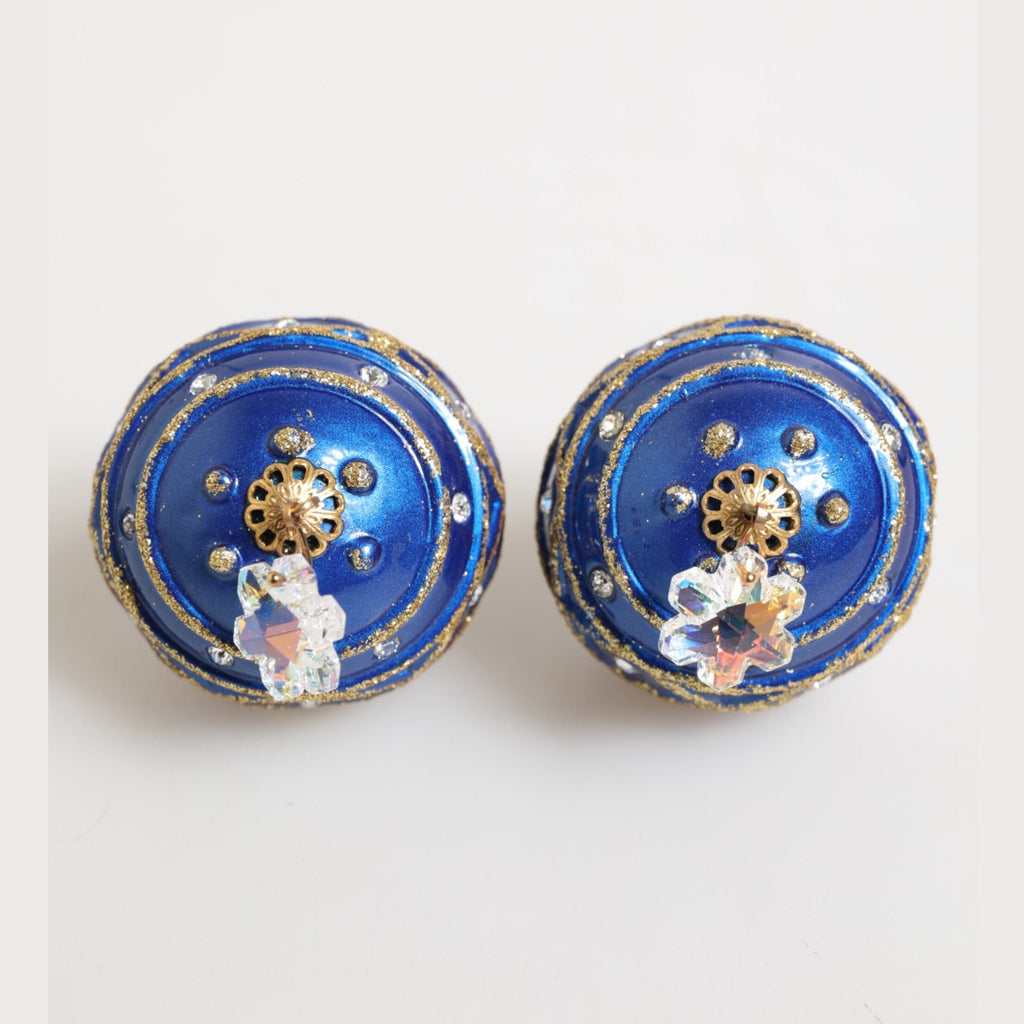 Gold Brass Blue Christmas Ball Crystal Drop Clip On Earrings