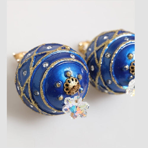 Dolce & Gabbana Gold Brass Blue Christmas Ball Crystal Drop Clip On Earrings