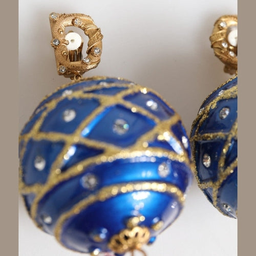 Dolce & Gabbana Gold Brass Blue Christmas Ball Crystal Drop Clip On Earrings