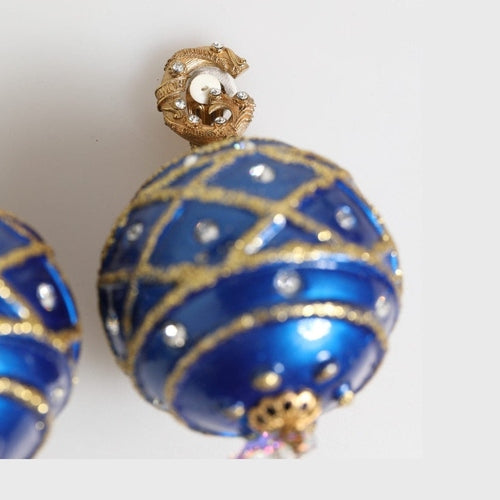 Dolce & Gabbana Gold Brass Blue Christmas Ball Crystal Drop Clip On Earrings