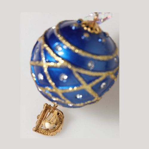 Dolce & Gabbana Gold Brass Blue Christmas Ball Crystal Drop Clip On Earrings