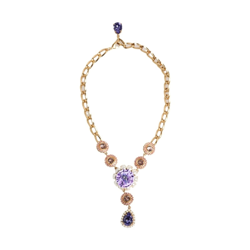 Dolce & Gabbana Gold Brass Crystal Pearl Purple Floral Pendant Jewelry Necklace