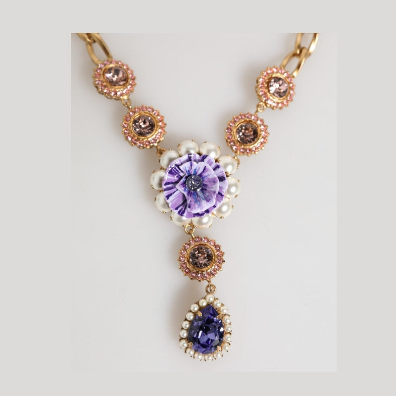 Dolce & Gabbana Gold Brass Crystal Pearl Purple Floral Pendant Jewelry Necklace