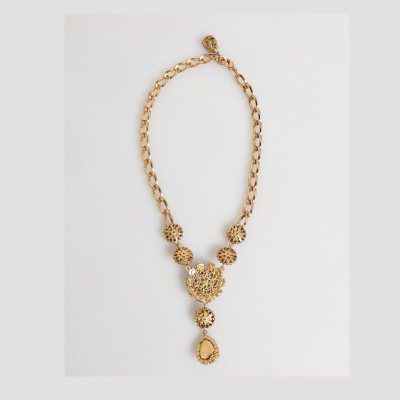 Dolce & Gabbana Gold Brass Crystal Pearl Purple Floral Pendant Jewelry Necklace