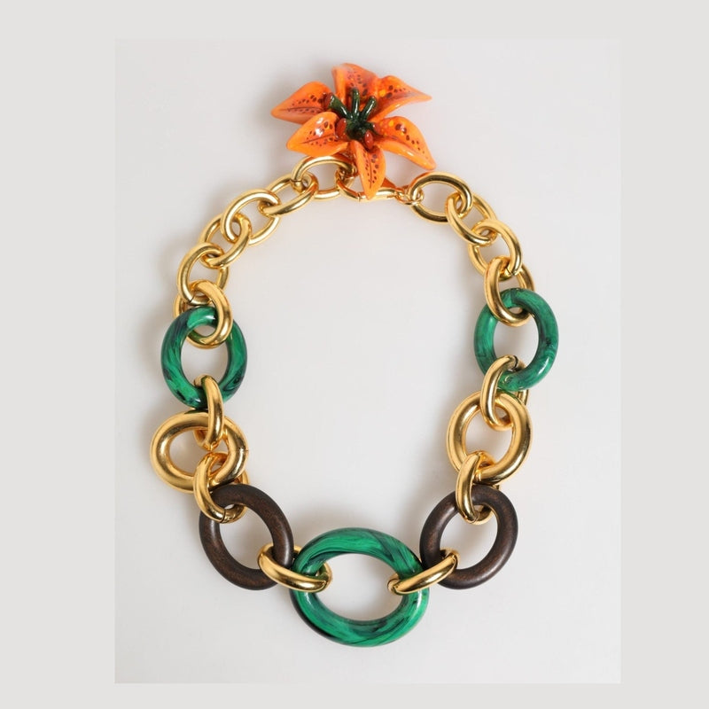 Dolce & Gabbana Multicolor Gold Brass Tiger Lily Floral Chai Necklace