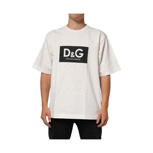 Dolce & Gabbana White Logo Print Cotton Crew Neck Men T-shirt