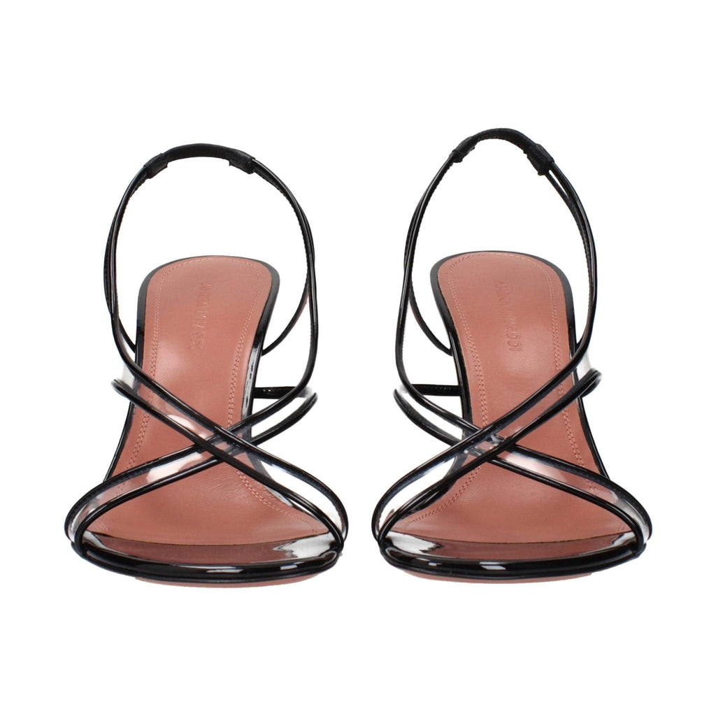 Amina Muaddi Black Leather Stiletto Heel Sandals