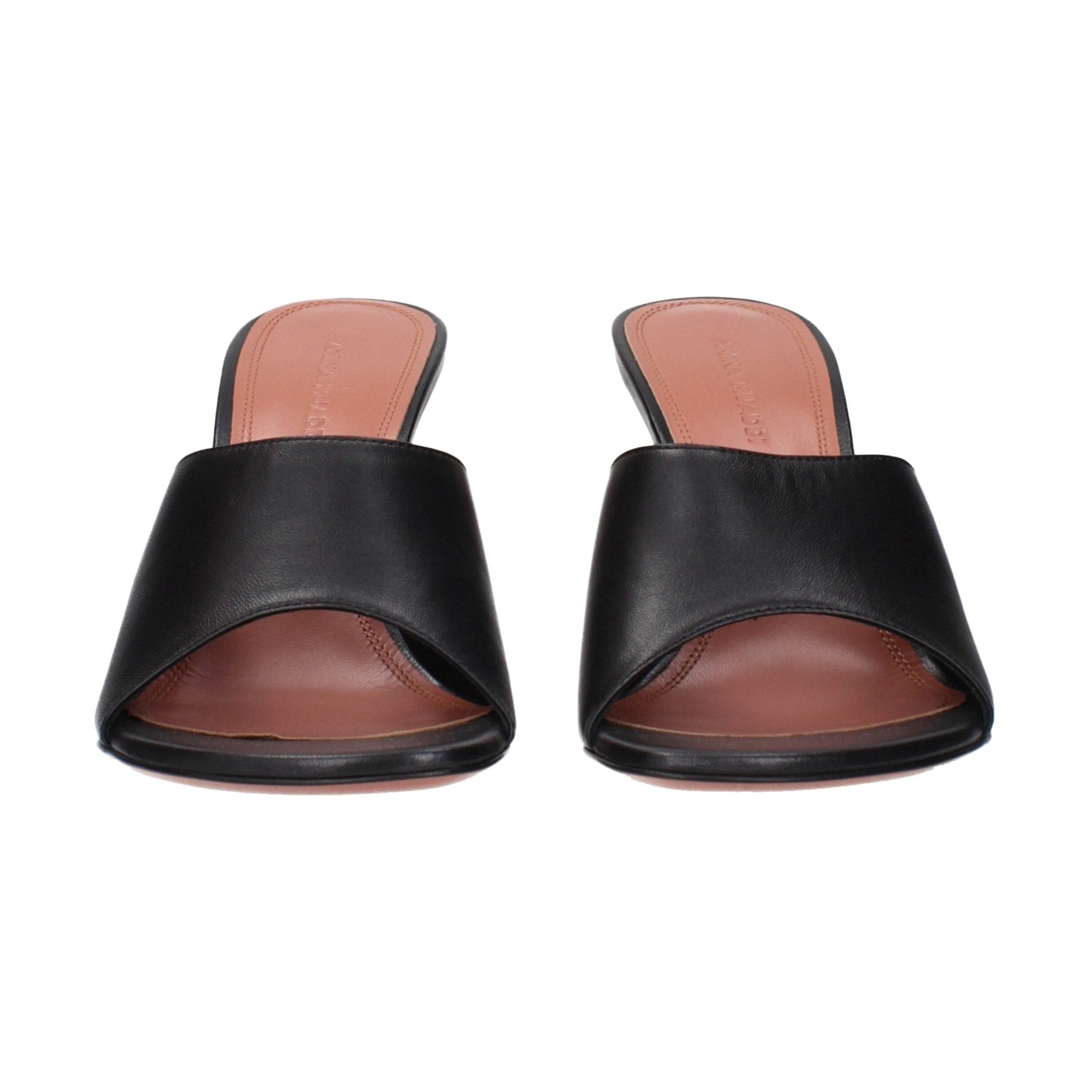 Amina Muaddi Black Leather Stiletto Heel Sandals