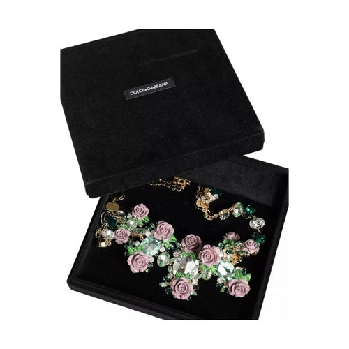 Dolce & Gabbana Gold Brass Link Chain Rose Petal Crystal Necklace