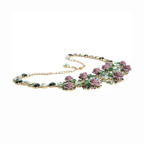 Dolce & Gabbana Gold Brass Link Chain Rose Petal Crystal Necklace