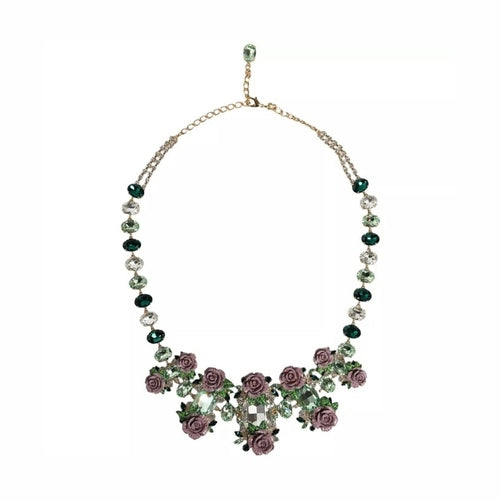 Dolce & Gabbana Gold Brass Link Chain Rose Petal Crystal Necklace