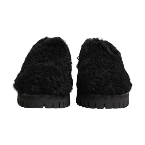Dolce & Gabbana Dress Black Fur Leather Slippers Men Shoes