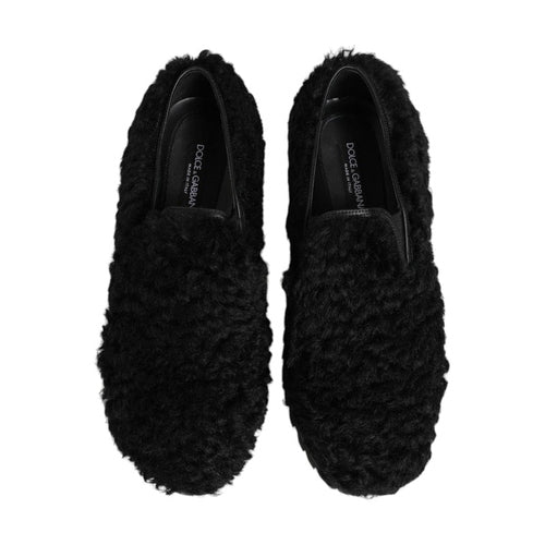 Dolce & Gabbana Dress Black Fur Leather Slippers Men Shoes