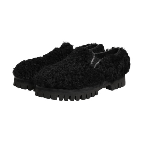 Dolce & Gabbana Dress Black Fur Leather Slippers Men Shoes