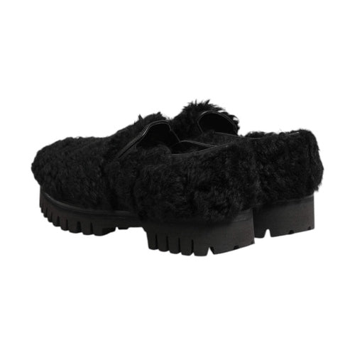 Dolce & Gabbana Dress Black Fur Leather Slippers Men Shoes