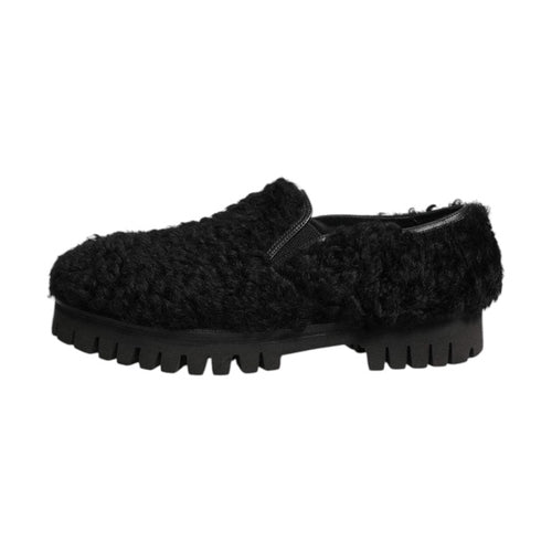 Dolce & Gabbana Dress Black Fur Leather Slippers Men Shoes