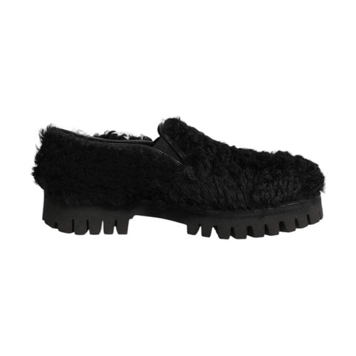 Dolce & Gabbana Dress Black Fur Leather Slippers Men Shoes