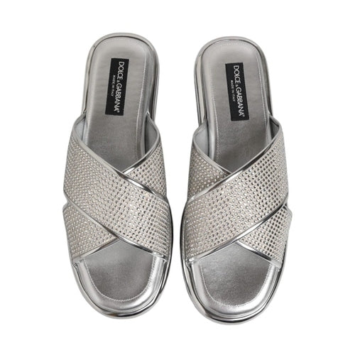 Dolce & Gabbana Silver Strass Slides Flats Slippers Shoes