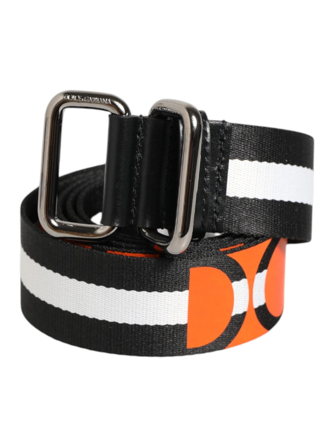 Dolce & Gabbana Black White Striped Logo Metal Buckle Belt