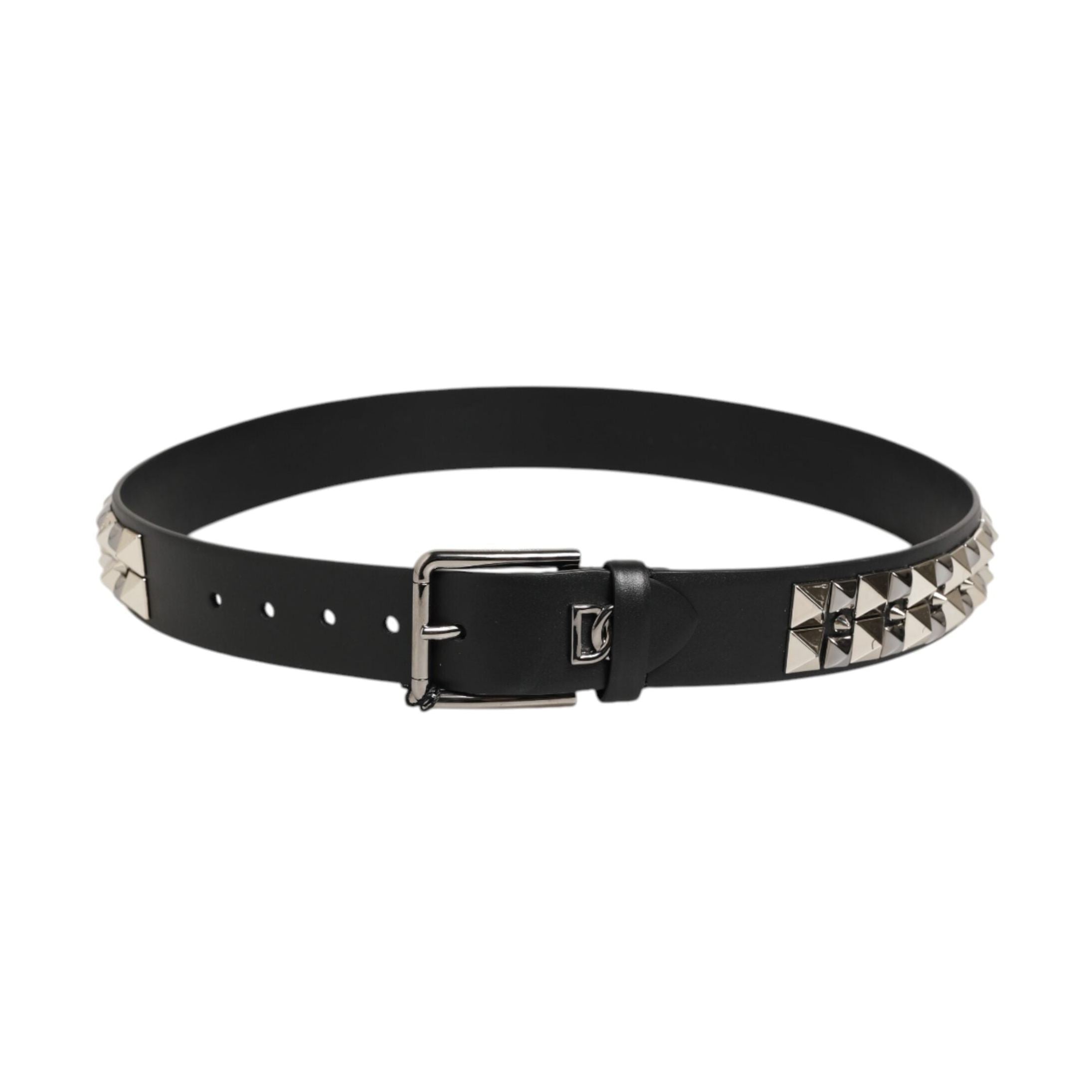 Dolce & Gabbana Black Calf Leather Studded Silver Buckle Belt