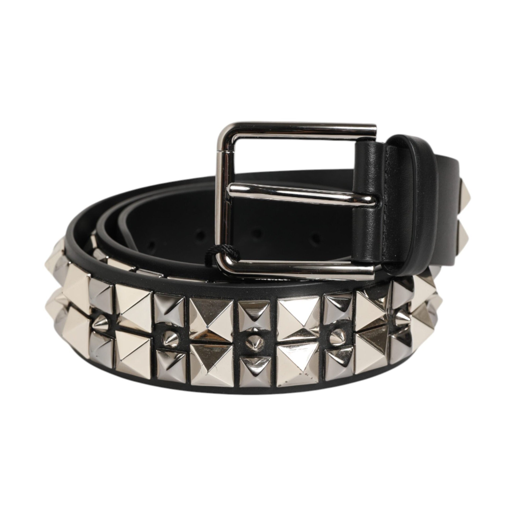 Dolce & Gabbana Black Calf Leather Studded Silver Buckle Belt
