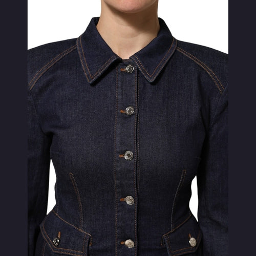 Dolce & Gabbana Dark Blue Cotton Collared Denim Coat Jacket