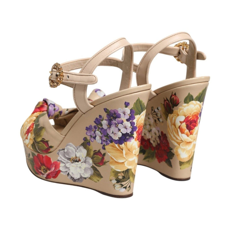 Dolce & Gabbana Beige Floral Ankle Strap Wedge Sandals Shoes