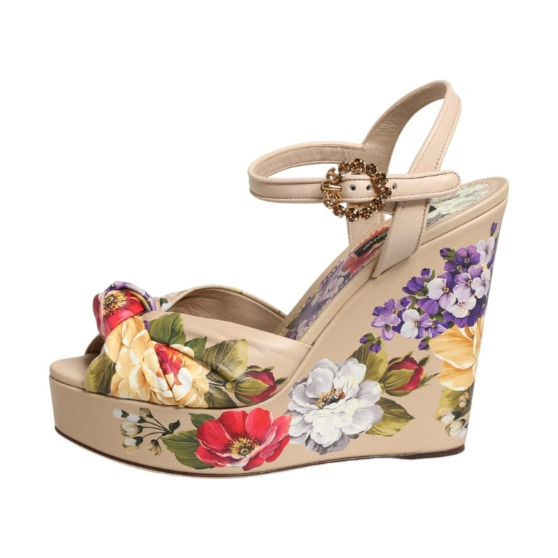 Dolce & Gabbana Beige Floral Ankle Strap Wedge Sandals Shoes