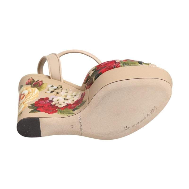 Dolce & Gabbana Beige Floral Ankle Strap Wedge Sandals Shoes