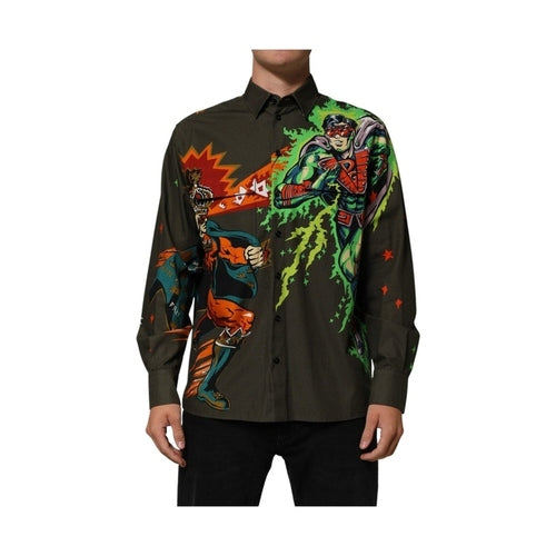Dolce & Gabbana Green Superhero Print Button Down Shirt