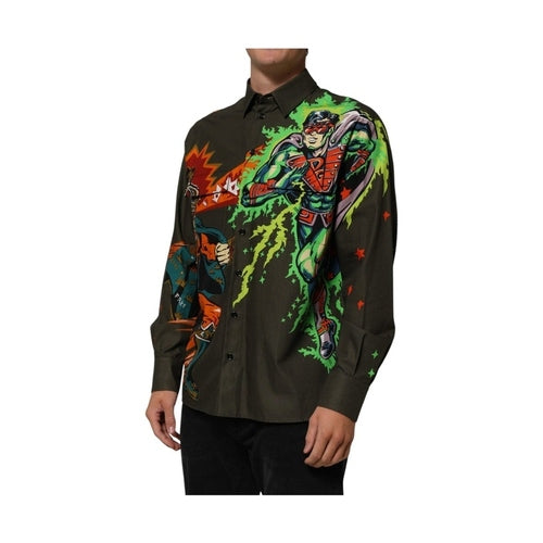 Dolce & Gabbana Green Superhero Print Button Down Shirt