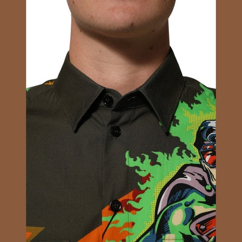 Dolce & Gabbana Green Superhero Print Button Down Shirt