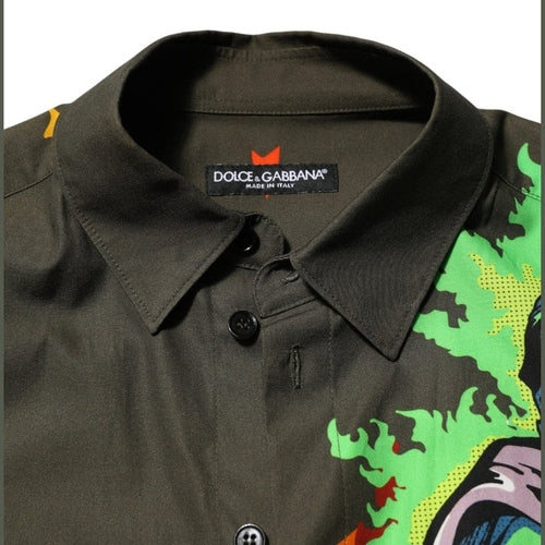 Dolce & Gabbana Green Superhero Print Button Down Shirt