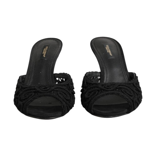 Dolce & Gabbana Black Embroidered Slip On Heels Slides Shoes