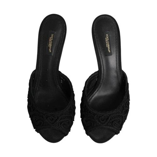 Dolce & Gabbana Black Embroidered Slip On Heels Slides Shoes