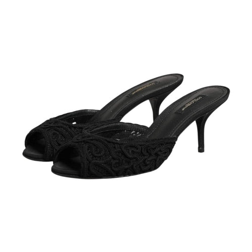 Dolce & Gabbana Black Embroidered Slip On Heels Slides Shoes