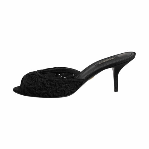 Dolce & Gabbana Black Embroidered Slip On Heels Slides Shoes