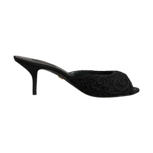 Dolce & Gabbana Black Embroidered Slip On Heels Slides Shoes