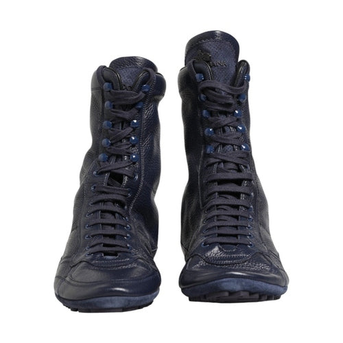 Dolce & Gabbana Dark Blue Deer Leather Mid Calf Boots Shoes