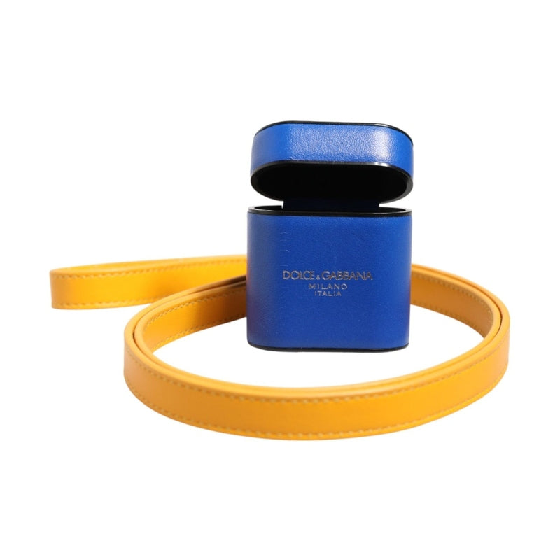 Dolce & Gabbana Blue Yellow Calfskin Leather Logo Strap Men Airpods Case