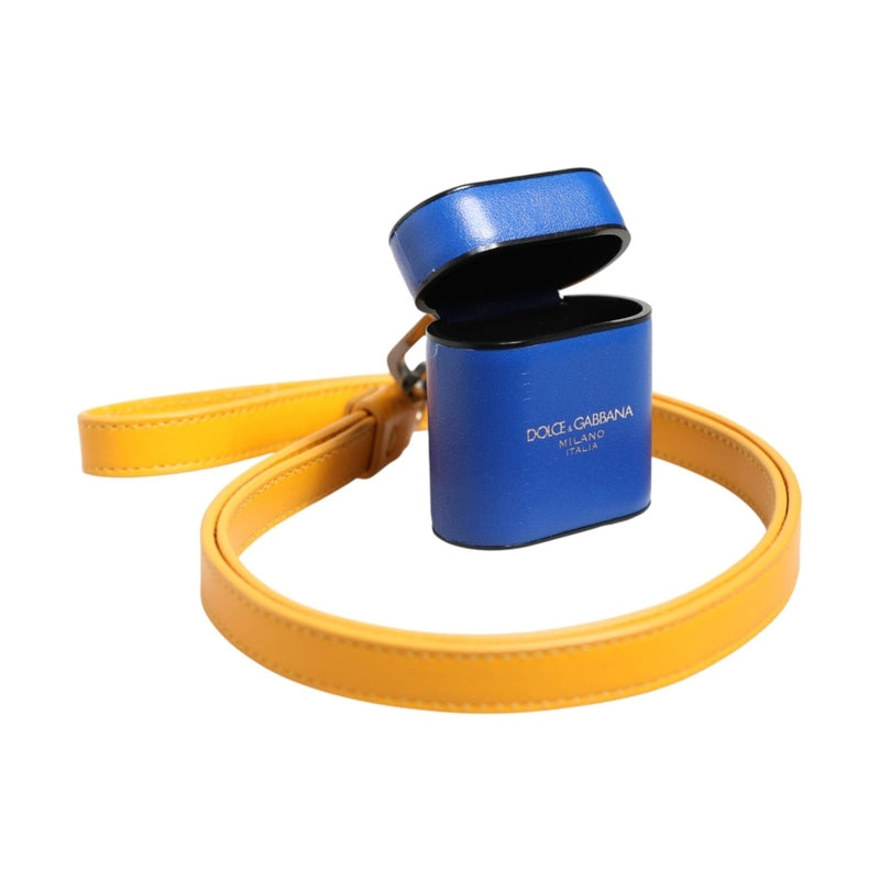 Dolce & Gabbana Blue Yellow Calfskin Leather Logo Strap Men Airpods Case