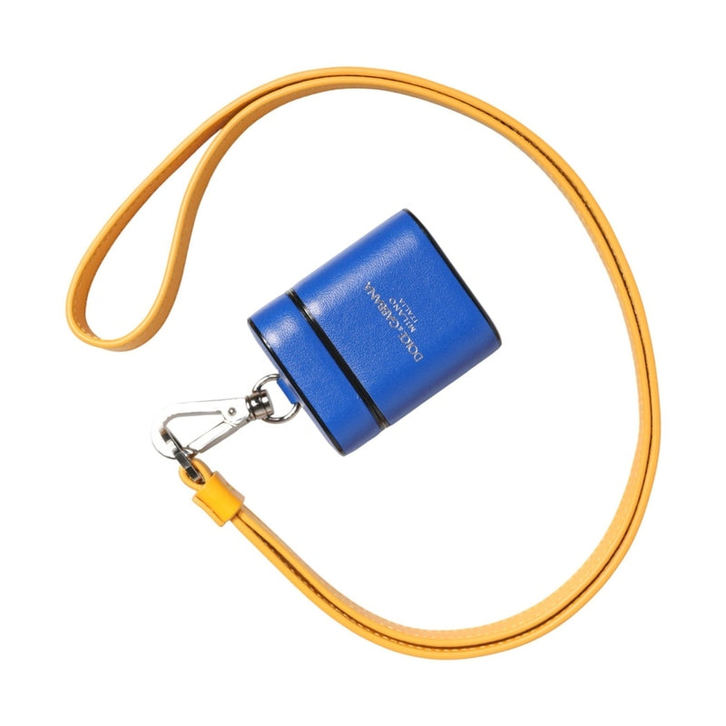 Dolce & Gabbana Blue Yellow Calfskin Leather Logo Strap Men Airpods Case