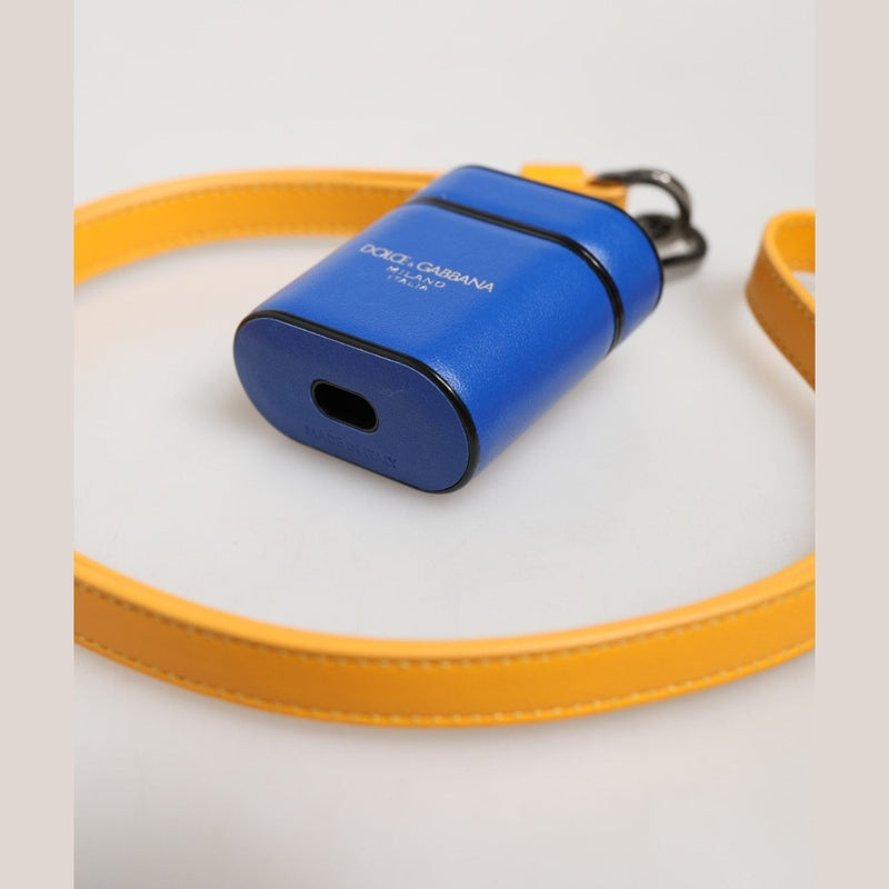 Dolce & Gabbana Blue Yellow Calfskin Leather Logo Strap Men Airpods Case