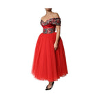 Dolce & Gabbana Red Floral Off Shoulder A-line Gown Dress